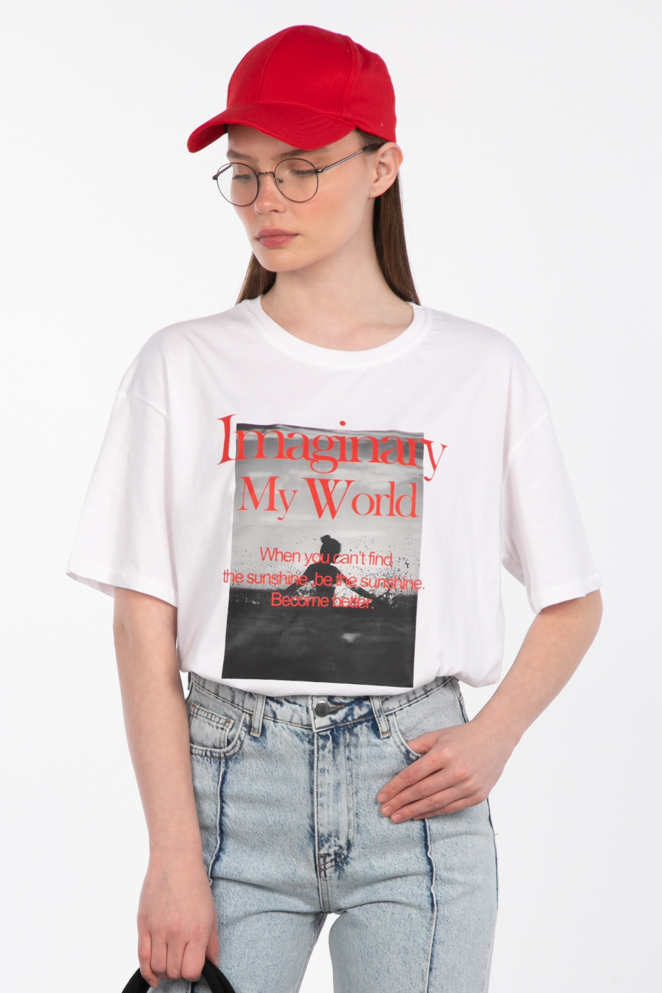 Bisiklet yaka baskılı t-shirt-DVN0979 Ekru