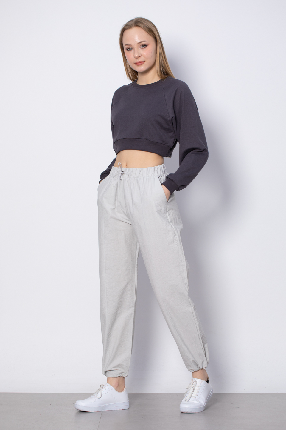 Bisiklet Yaka Kısa Sweatshirt - Antrasit
