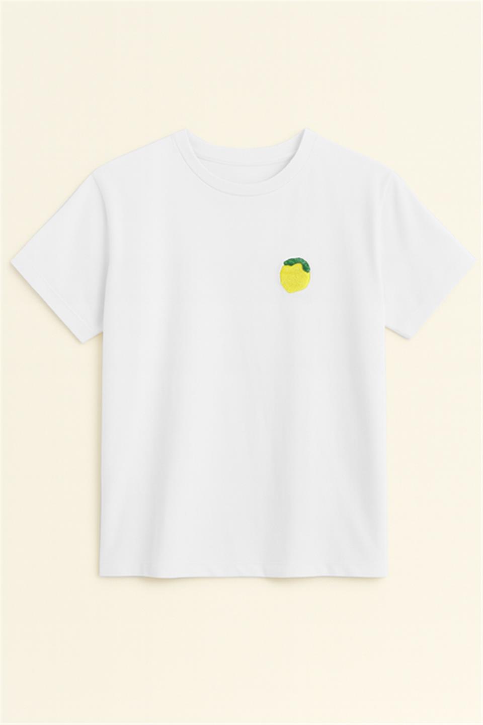 Bisiklet Yaka Limon Nakışlı Oversize T-Shirt - Beyaz