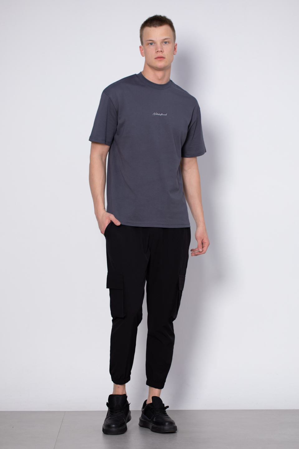 Bisiklet yaka ön yazılı t-shirt-2702 Antrasit