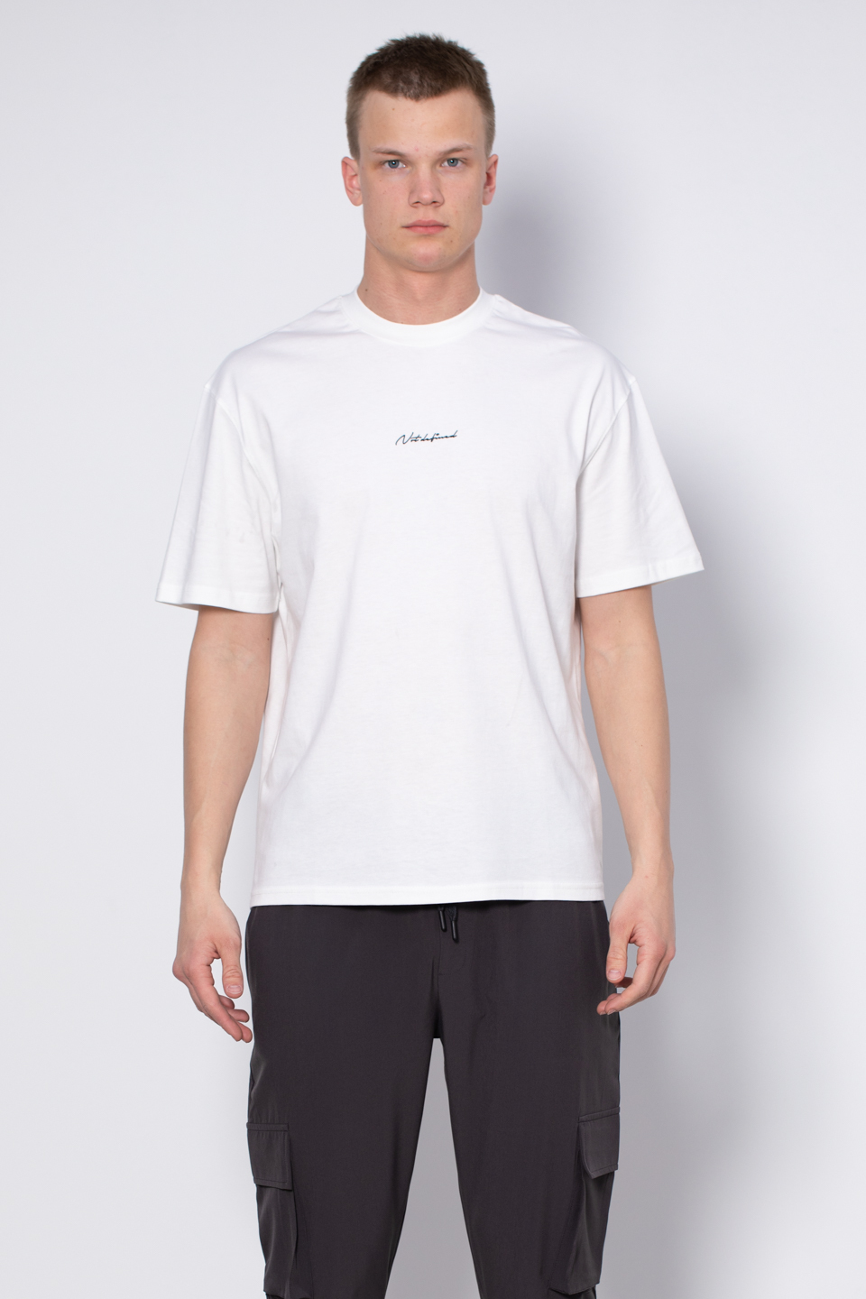 Bisiklet yaka ön yazılı t-shirt-2702 Ekru