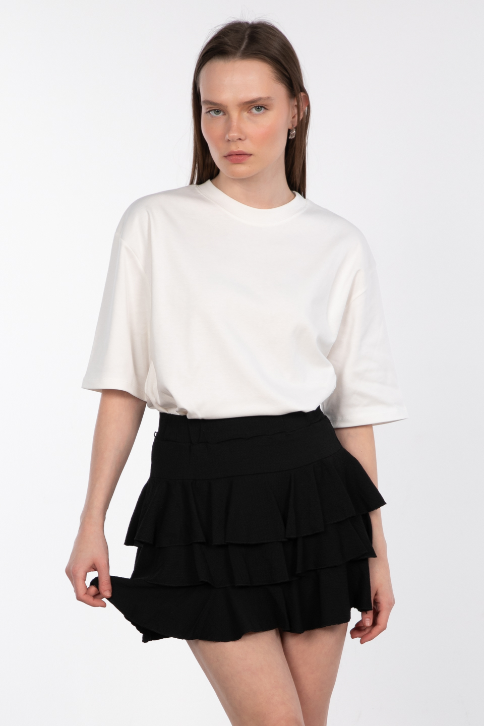 Bisiklet yaka oversize t-shirt-3139 Beyaz