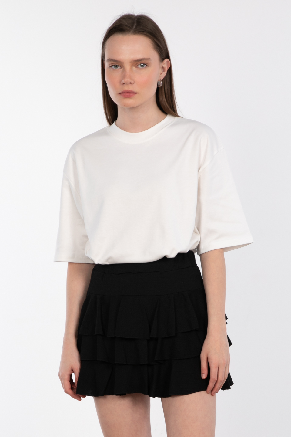 Bisiklet yaka oversize t-shirt-3139 Beyaz