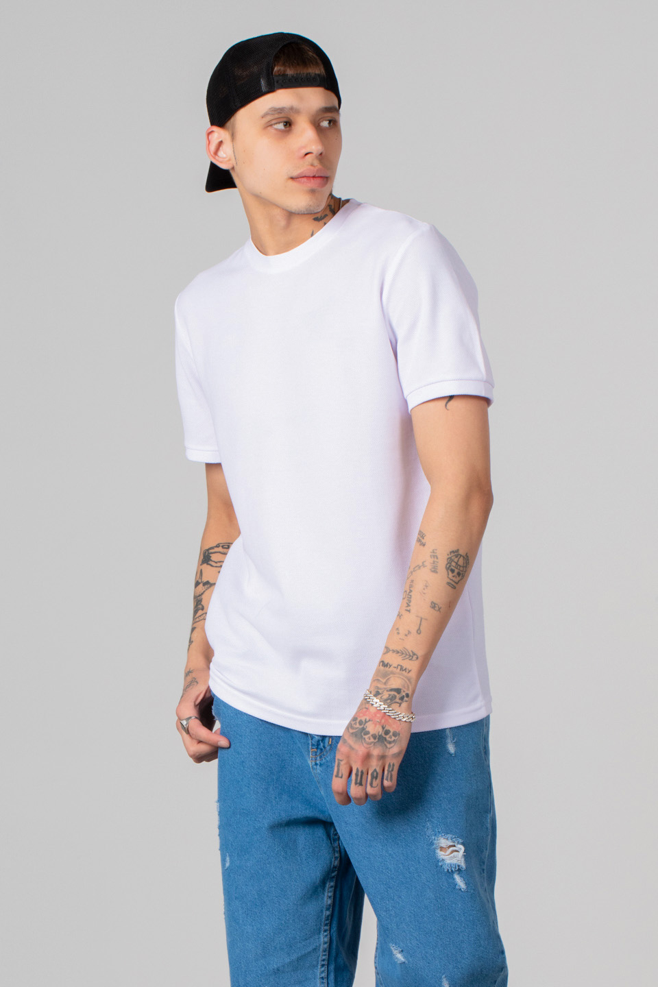 Bisiklet yaka pike t-shirt-2387 Ekru