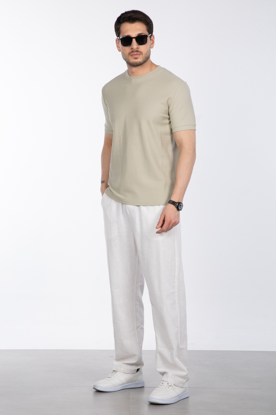 Bisiklet yaka pike t-shirt-2387 Taş