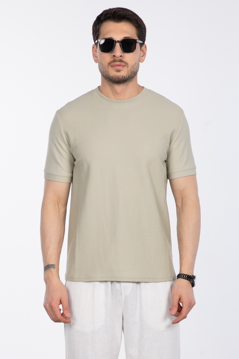Bisiklet yaka pike t-shirt-2387 Taş
