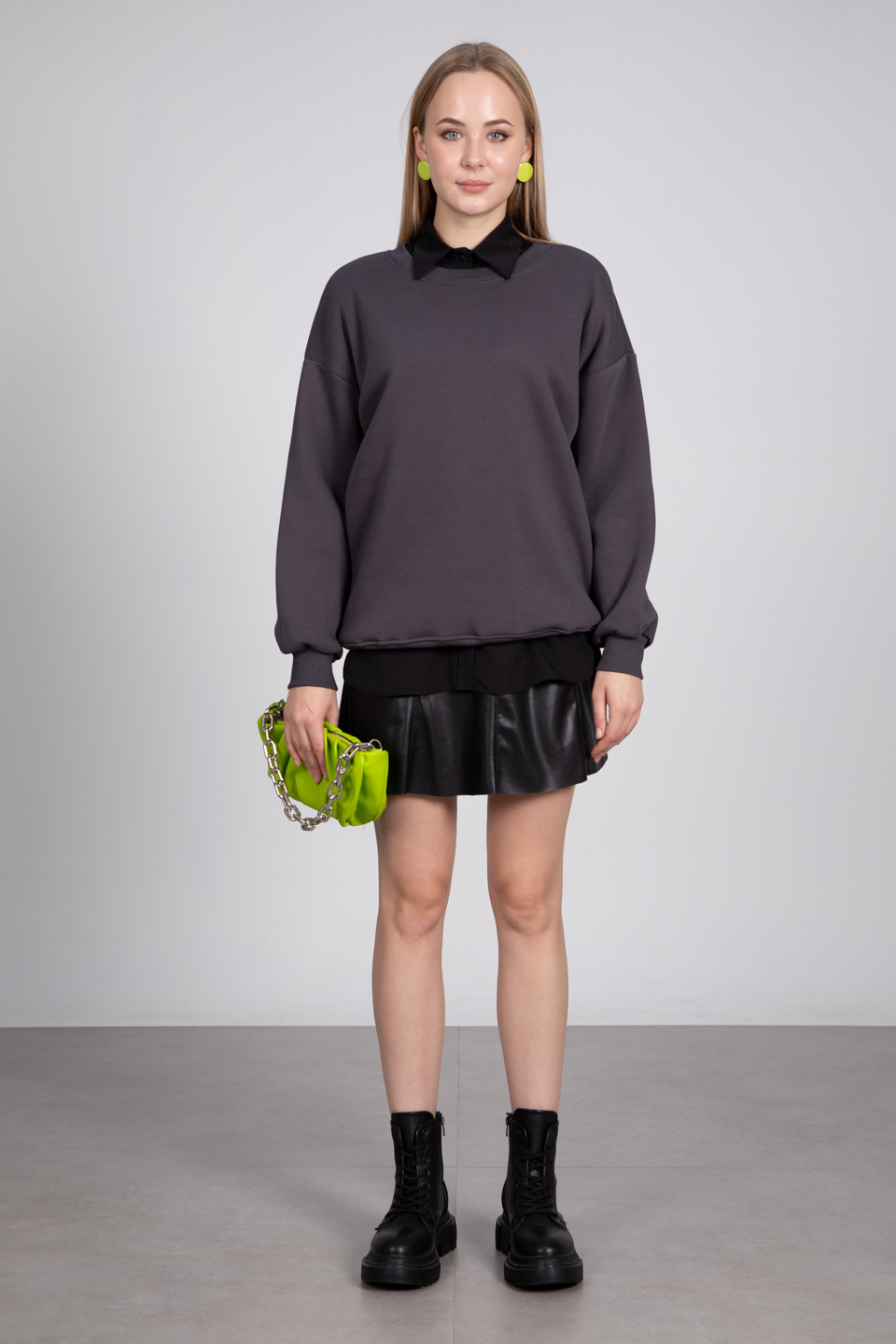 Bisiklet yaka ribanalı sweatshirt-DVN0465 B.Antrasit