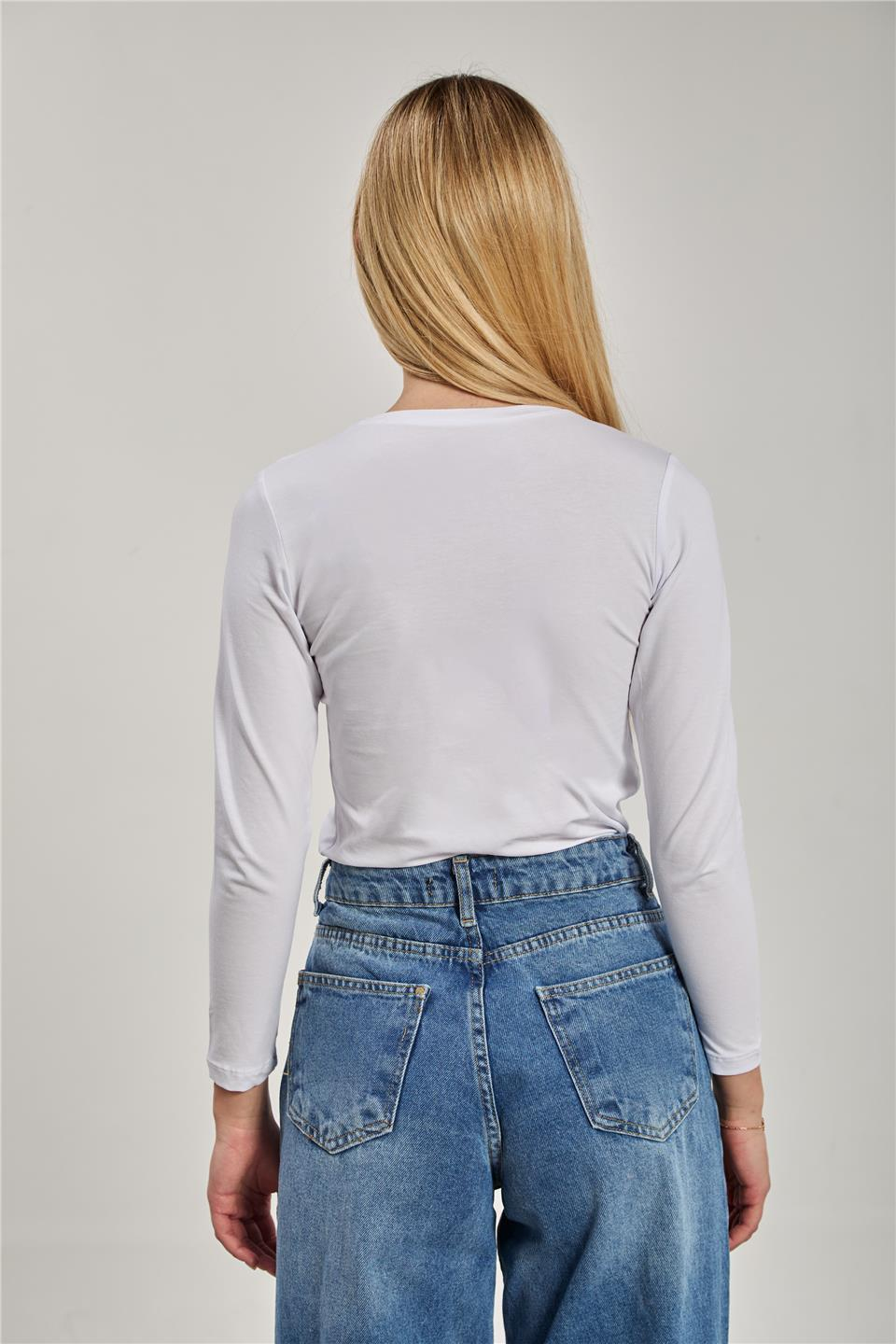 Bisiklet yaka uzun kollu body-150 Beyaz