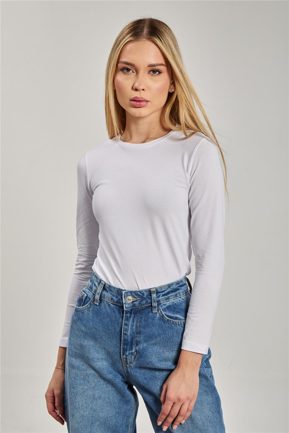 Bisiklet yaka uzun kollu body-150 Beyaz