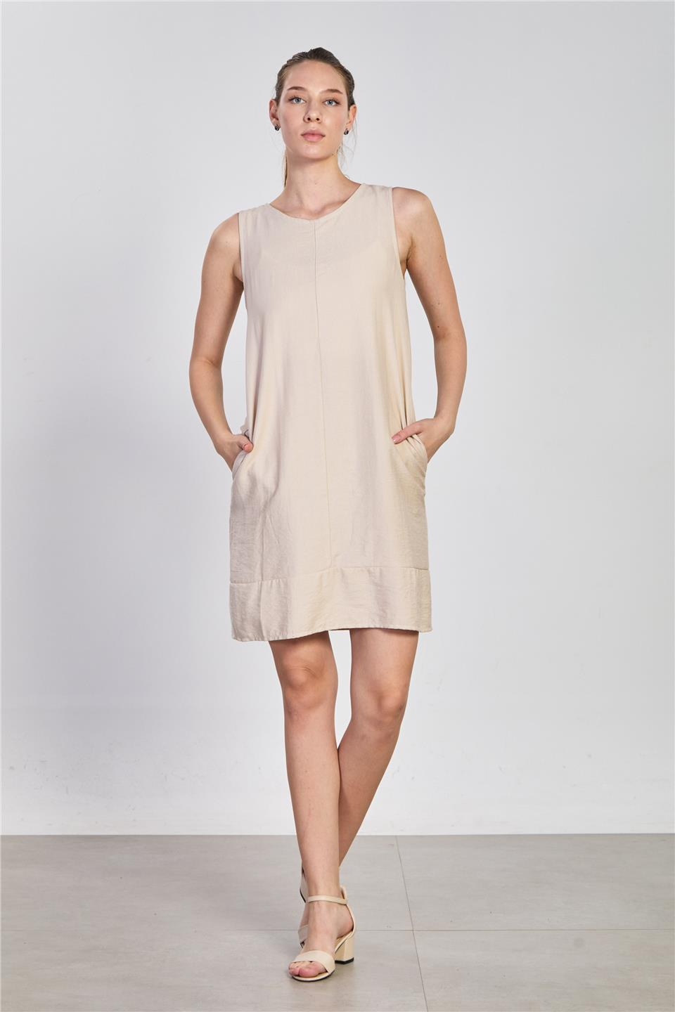 Cepli sıfır kol keten elbise-2385 NATURAL Taş