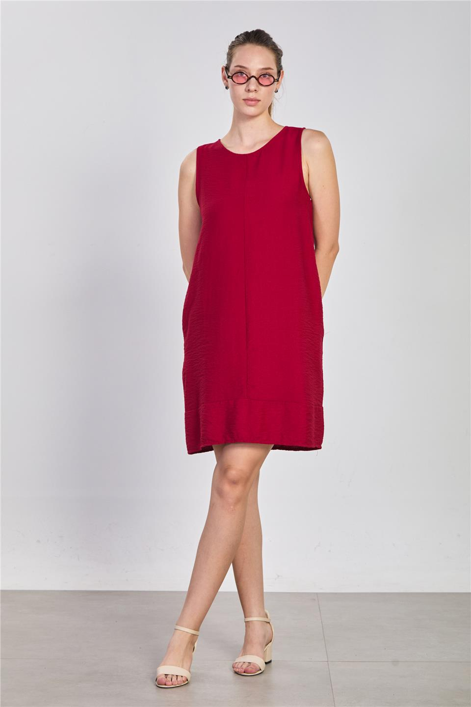 Cepli sıfır kol keten elbise-2385 NATURAL Bordo