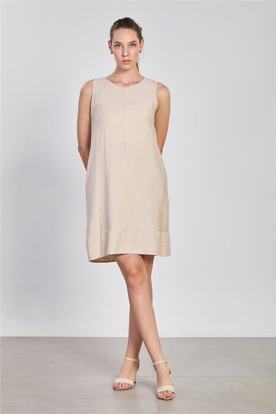 Cepli sıfır kol keten elbise-2385 NATURAL Taş