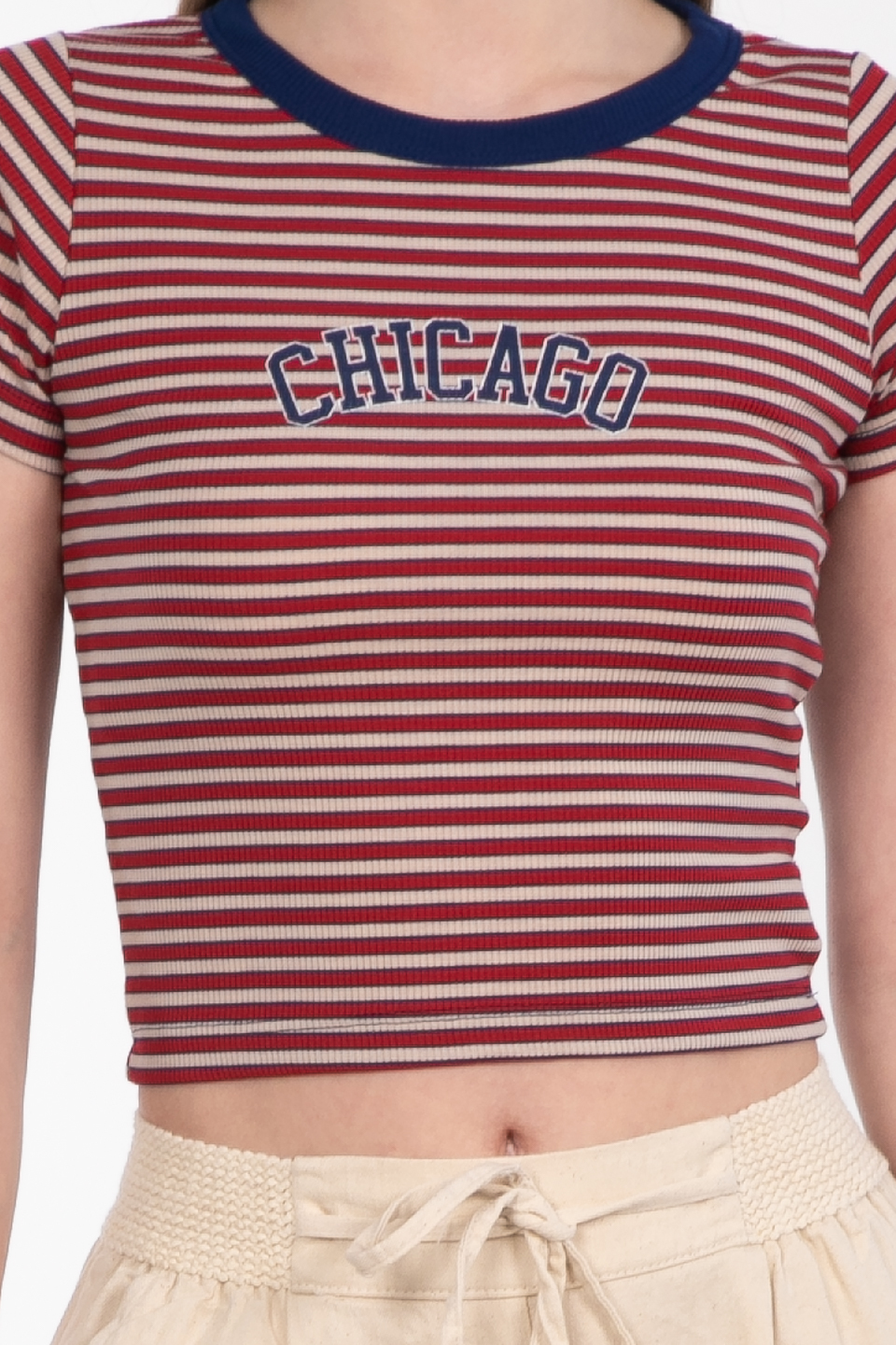 Chıcago baskılı çizgili crop t-shirt-DVN0208 Kırmızı