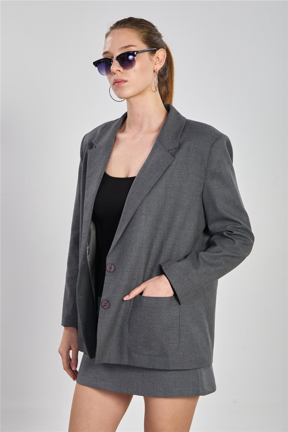 Çift düğmeli cepli blazer ceket-8353-1 Antrasit