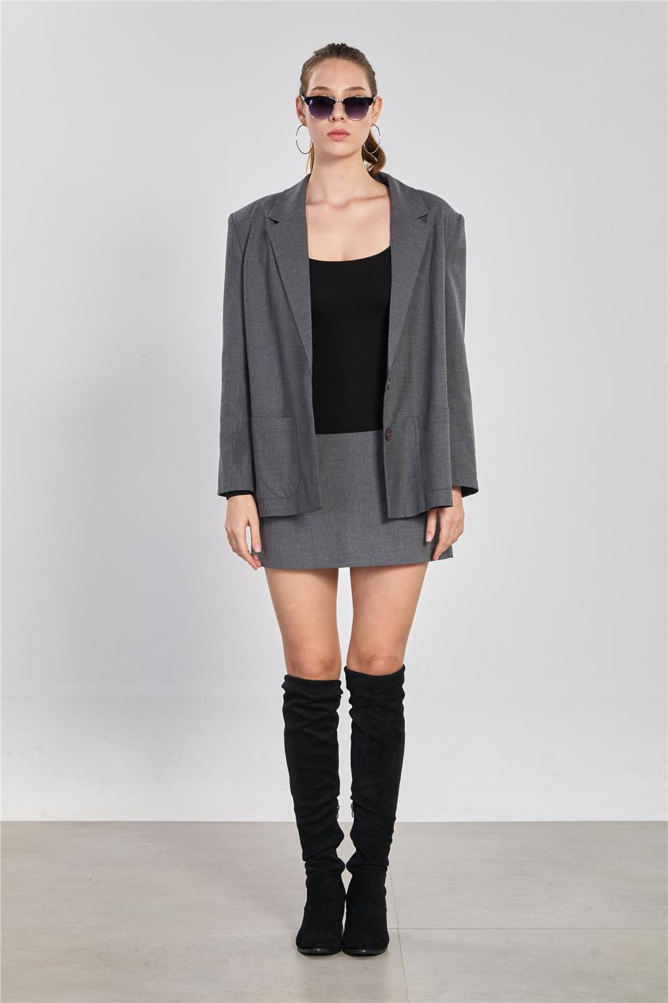 Çift düğmeli cepli blazer ceket-8353-1 Antrasit