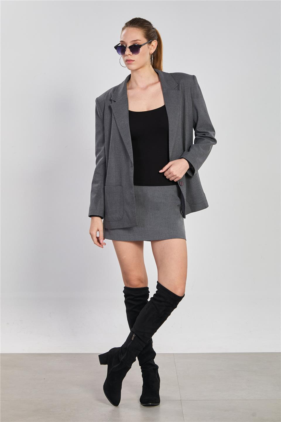 Çift düğmeli cepli blazer ceket-8353-1 Antrasit