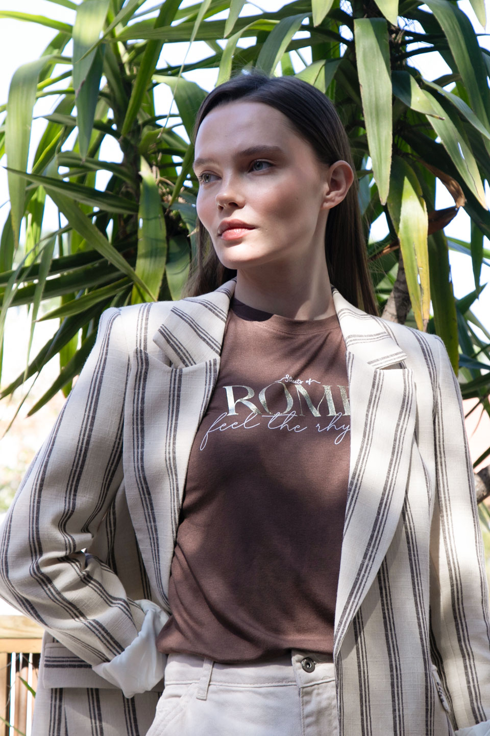 Çizgili keten blazer PERRY-9424 Taş/Kahve