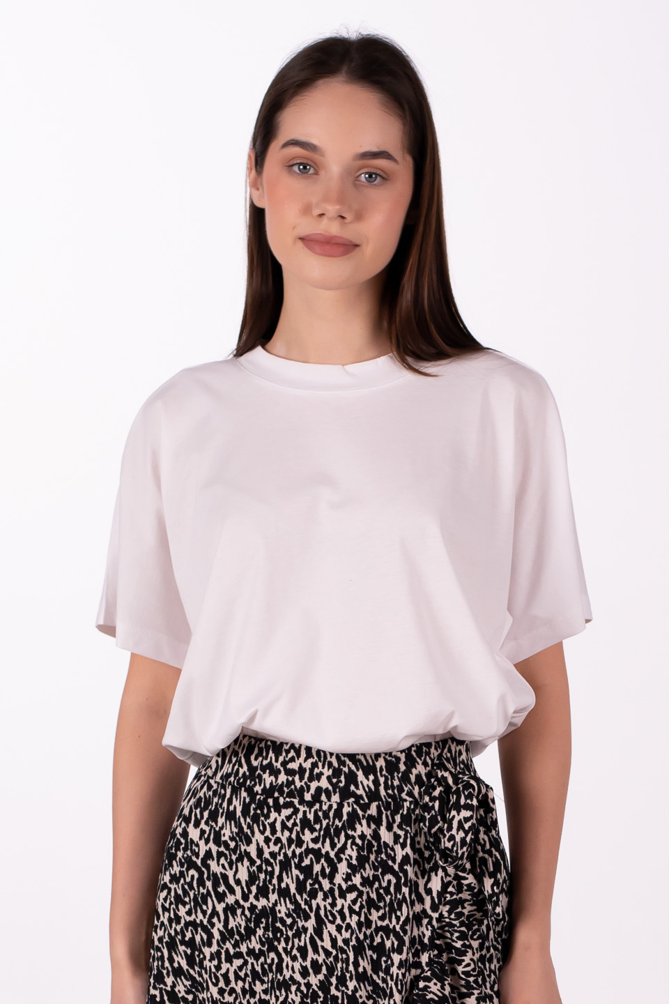 Dik yaka düşük kol oversize t-shirt-4489 Beyaz