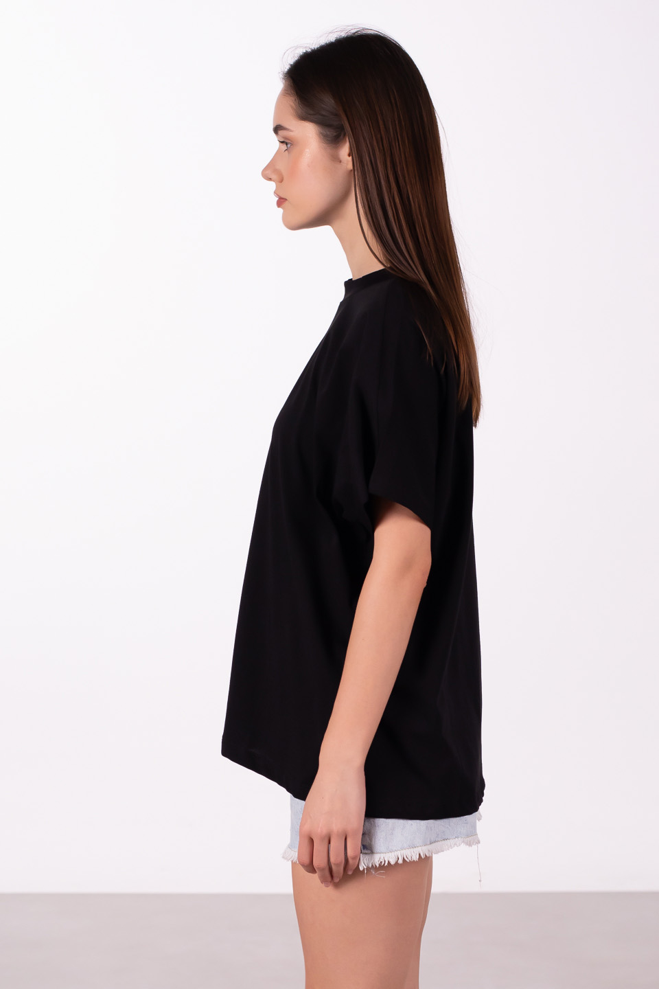 Dik yaka düşük kol oversize t-shirt-4489 Siyah