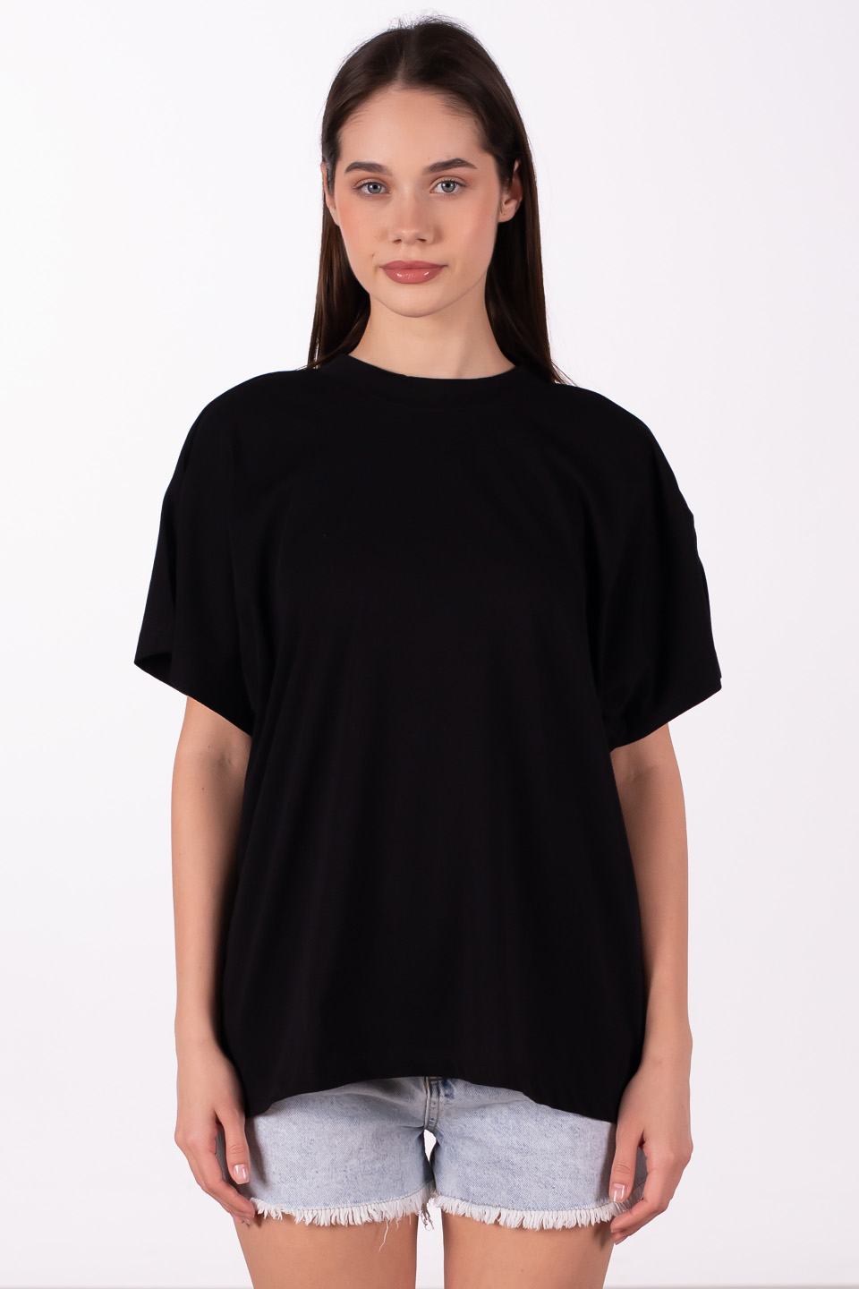 Dik yaka düşük kol oversize t-shirt-4489 Siyah