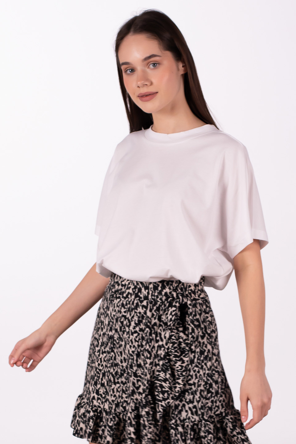 Dik yaka düşük kol oversize t-shirt-4489 Beyaz