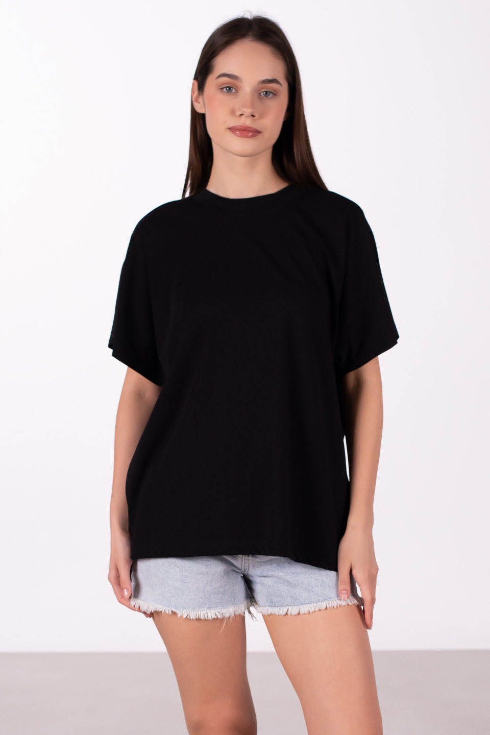 Dik yaka düşük kol oversize t-shirt-4489 Siyah