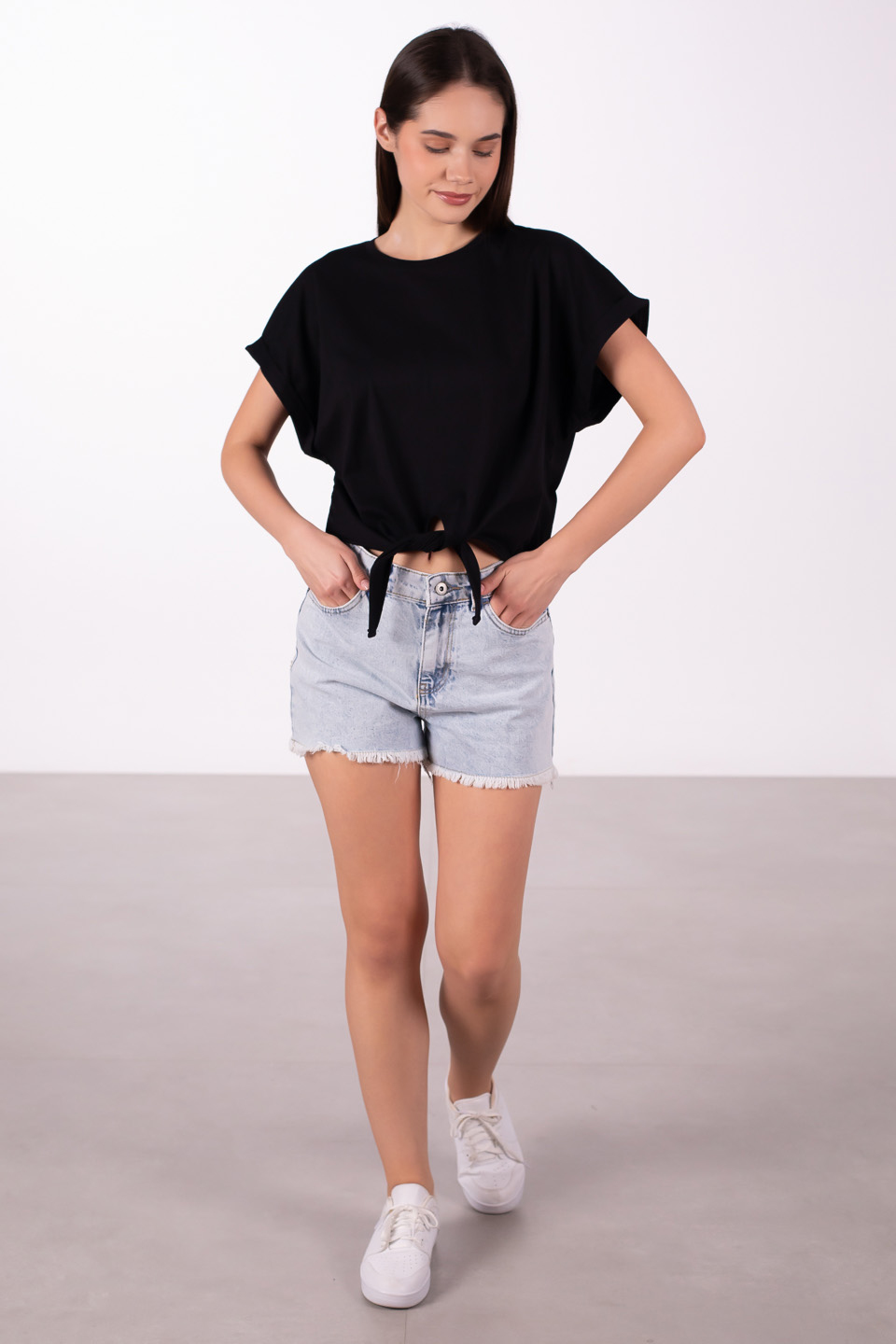 Double kol önü bağlamalı t-shirt-10303 Siyah