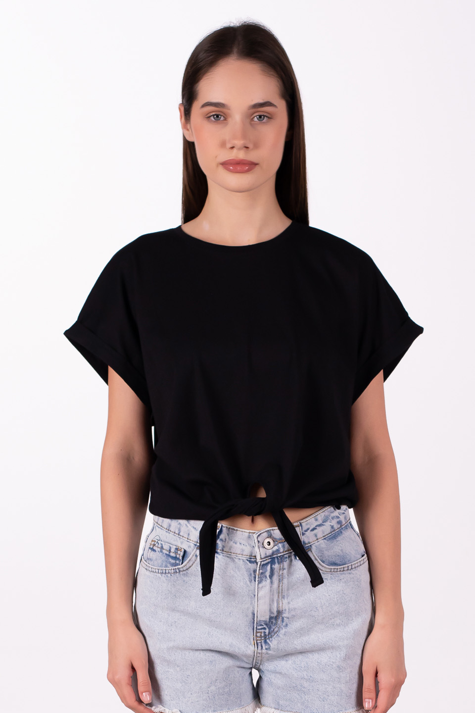 Double kol önü bağlamalı t-shirt-10303 Siyah