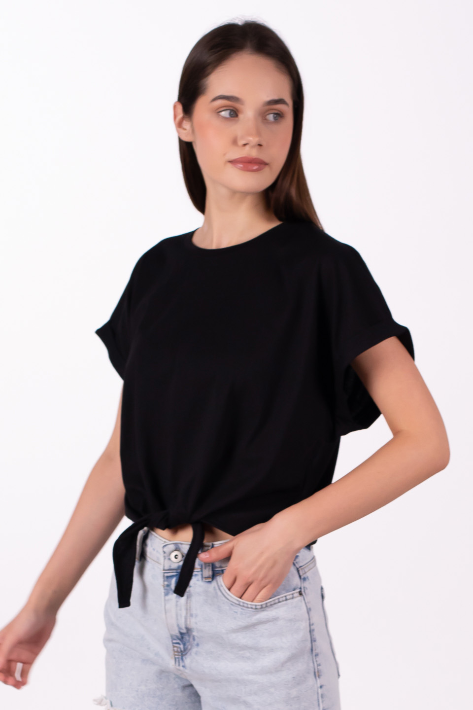 Double kol önü bağlamalı t-shirt-10303 Siyah