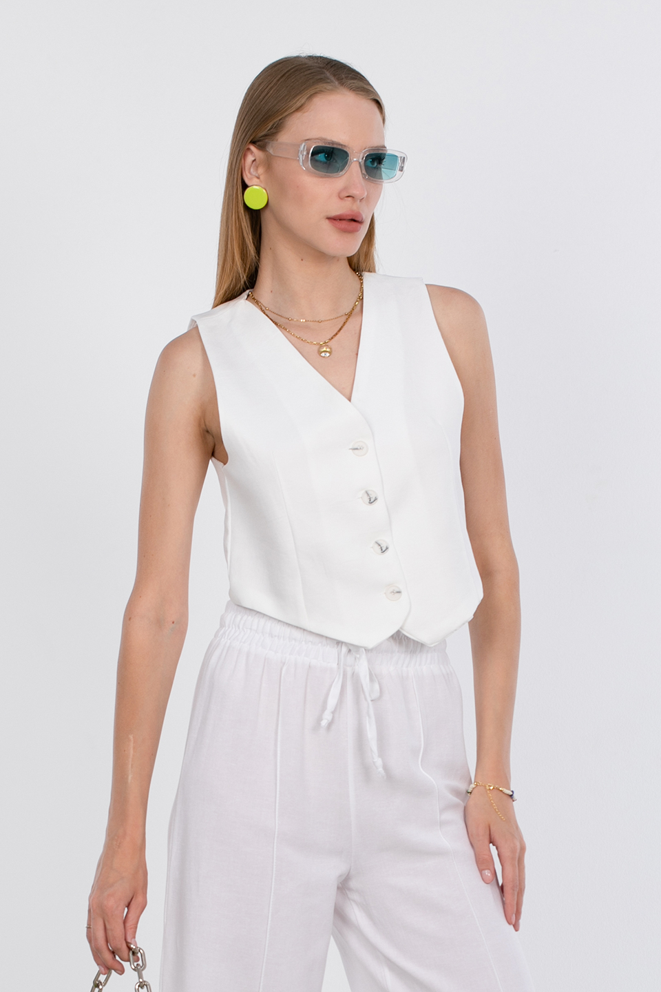 Düğmeli crop yelek-23-260 Ekru