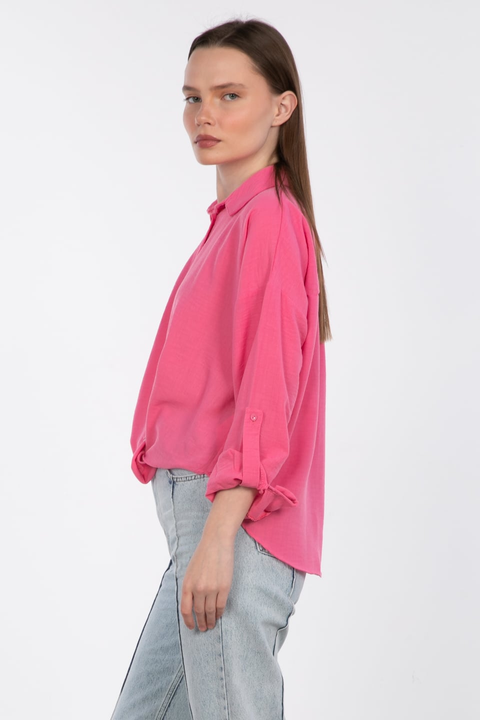Etek ucu düğümlü gömlek-24-269 Pembe