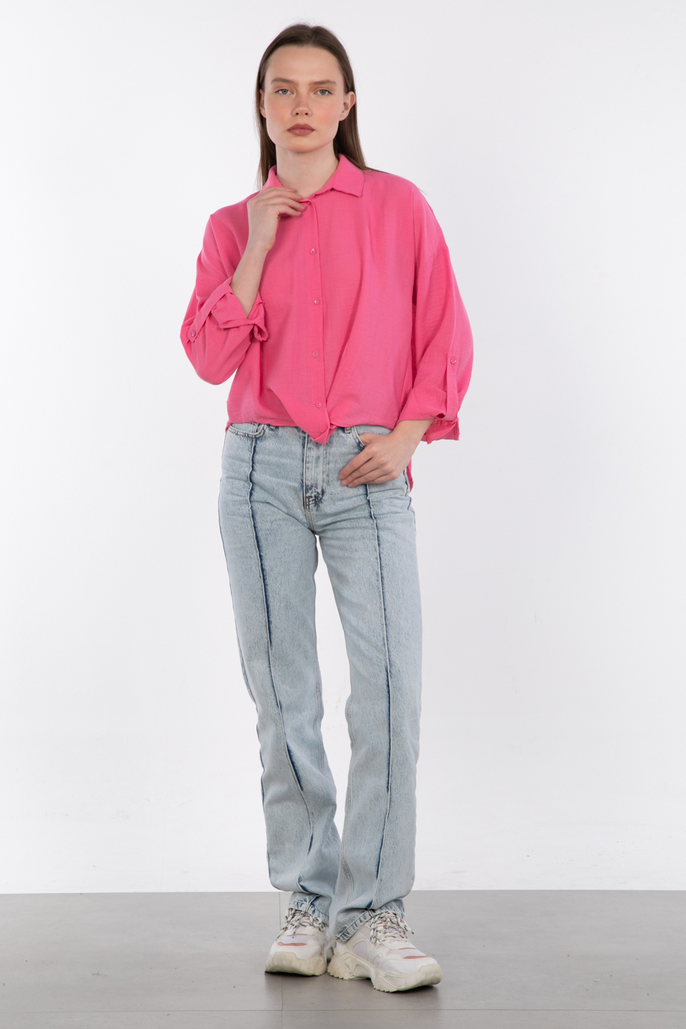 Etek ucu düğümlü gömlek-24-269 Pembe