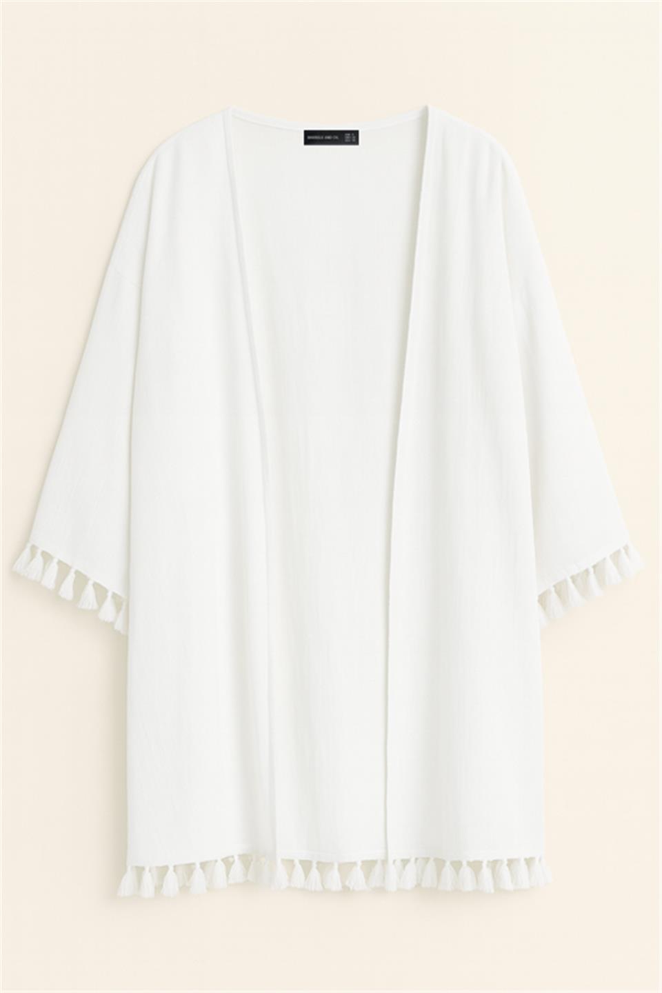 Etek ucu püsküllü keten kimono-3852 NATURAL Beyaz