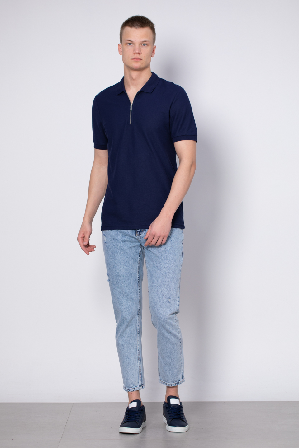 Fermuarlı Polo Yaka T-Shirt - İndigo