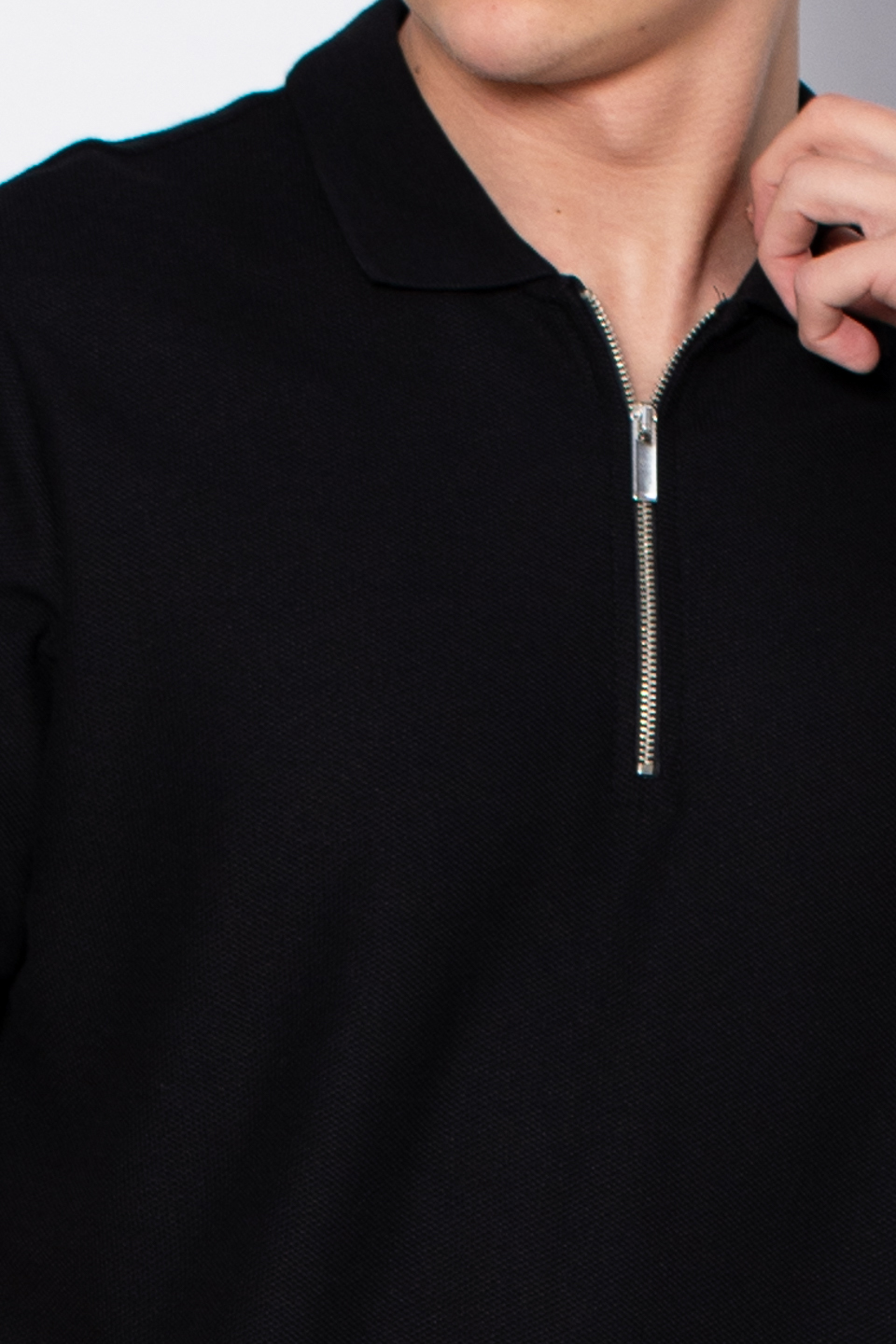 Fermuarlı Polo Yaka T-Shirt - Siyah