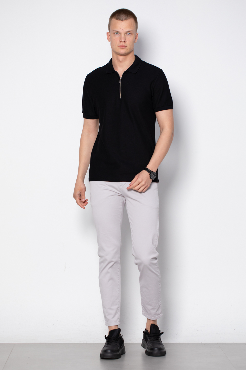 Fermuarlı Polo Yaka T-Shirt - Siyah