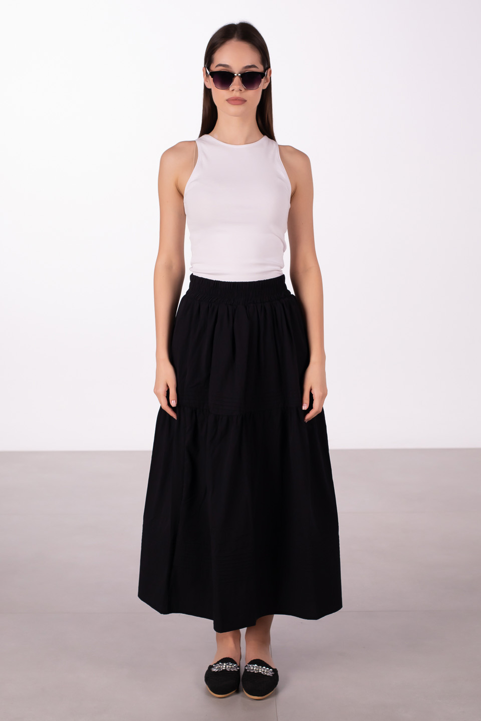 Fırfırlı midi etek-7211 Siyah