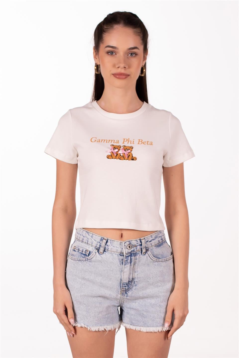 Gamma phi beta yazılı crop t-shirt-10434 Beyaz