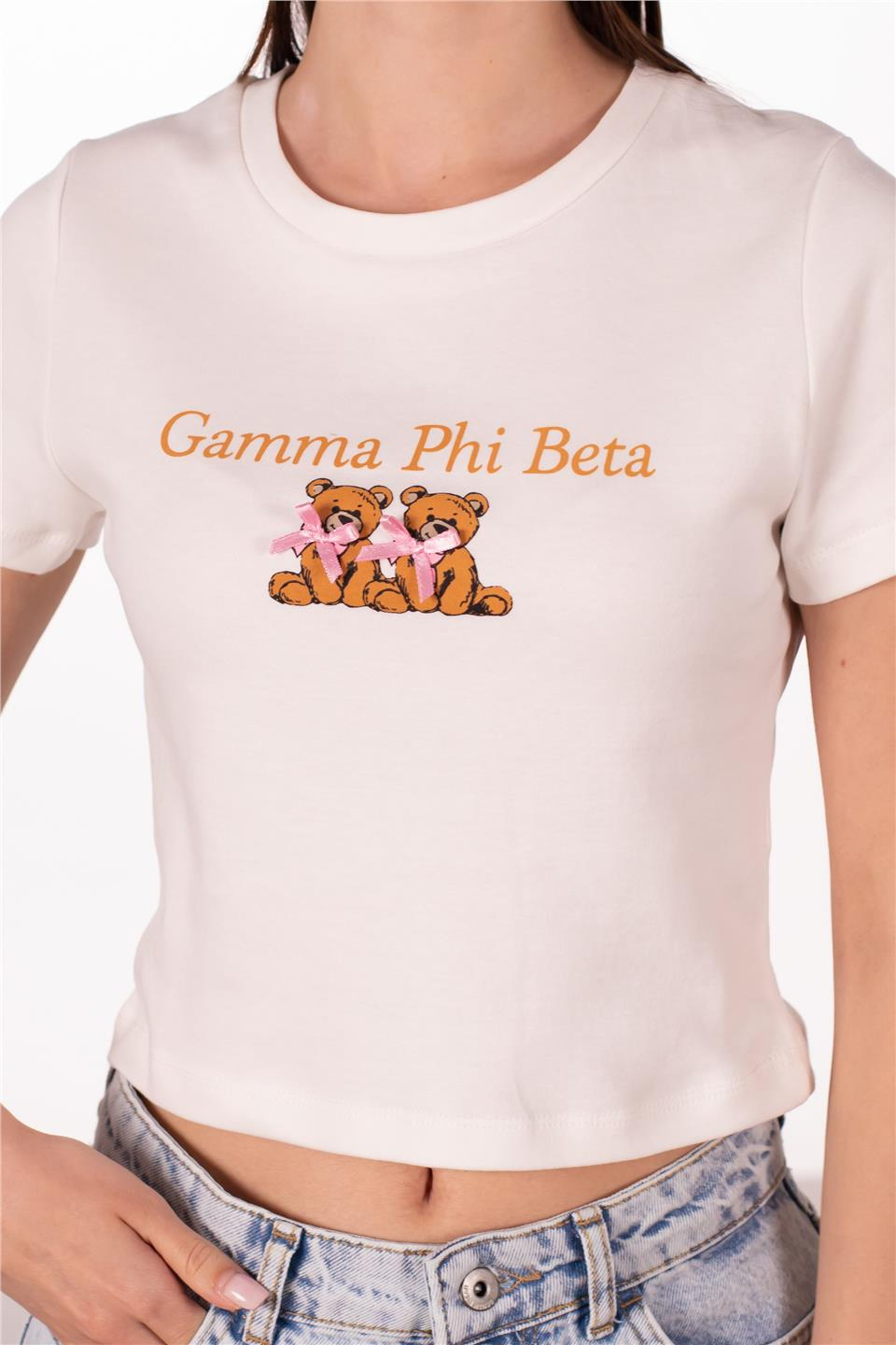 Gamma phi beta yazılı crop t-shirt-10434 Beyaz