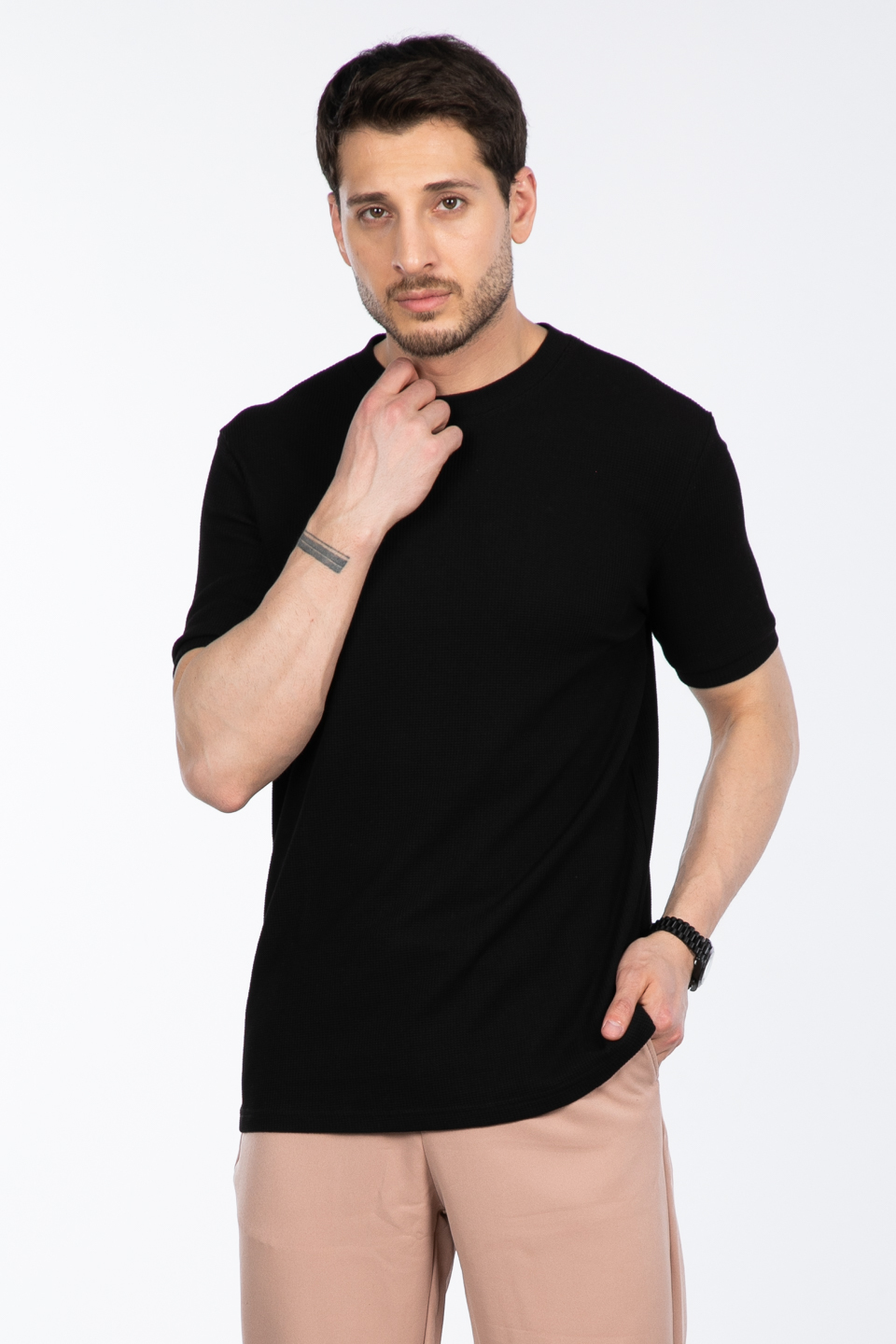 Gipeli waffal basıc t-shirt-2709 Siyah