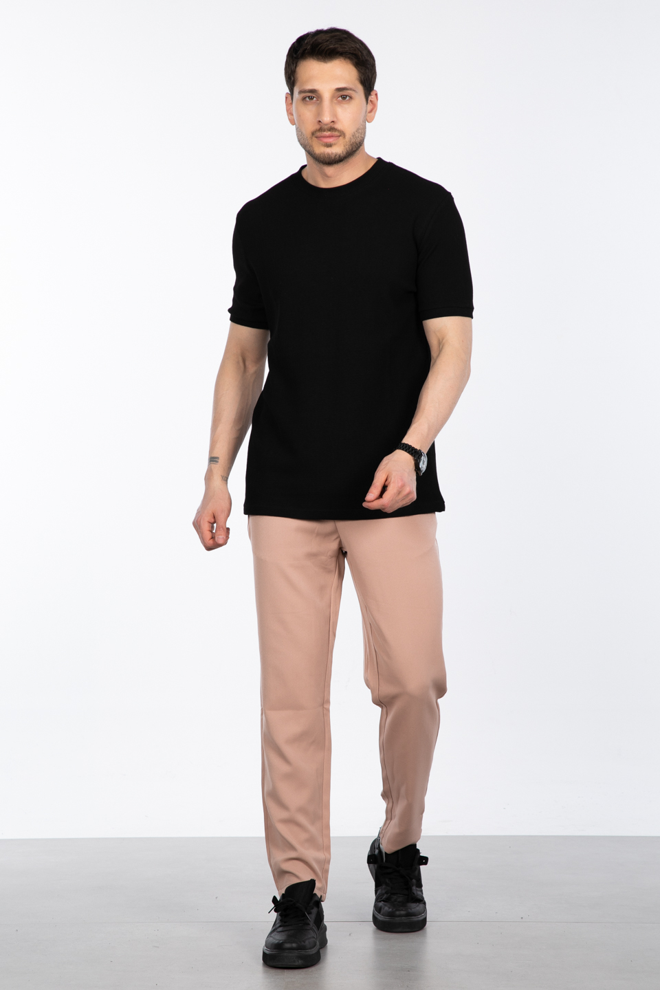 Gipeli waffal basıc t-shirt-2709 Siyah