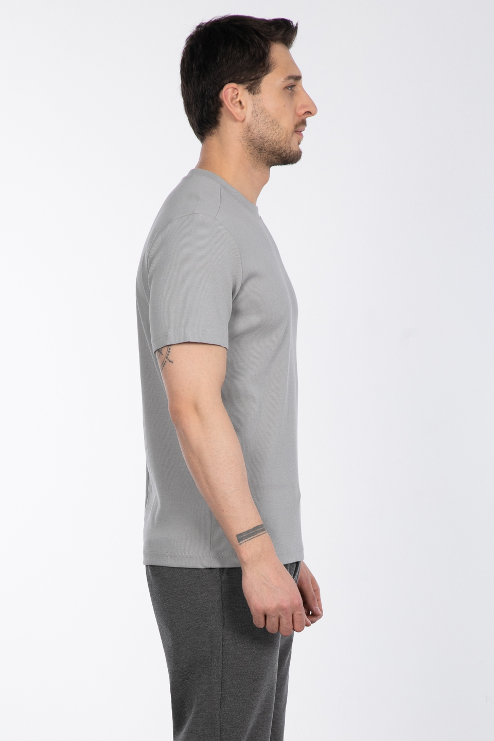 İnce fitilli basıc t-shirt-2936 Kül