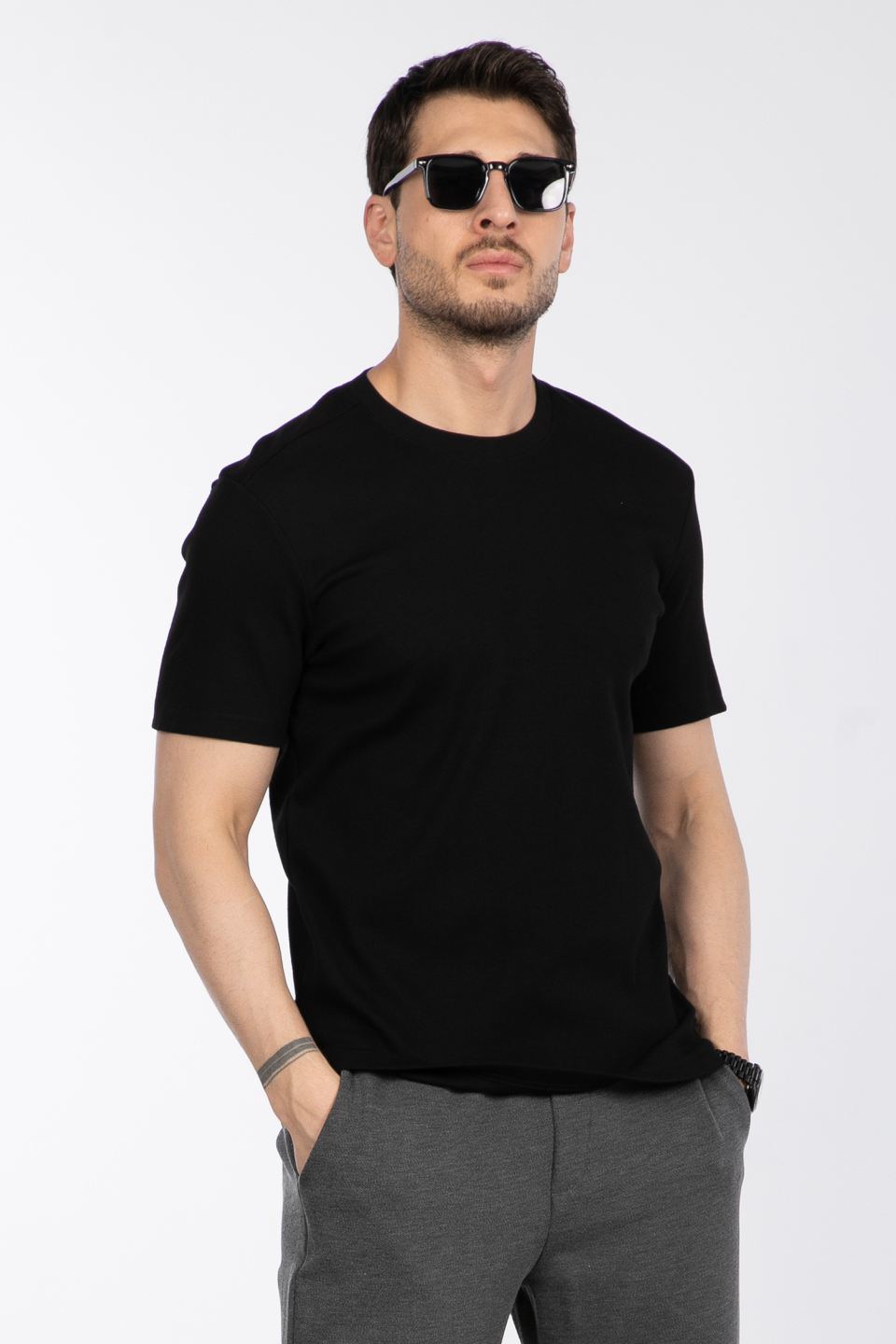 İnce fitilli basıc t-shirt-2936 Siyah