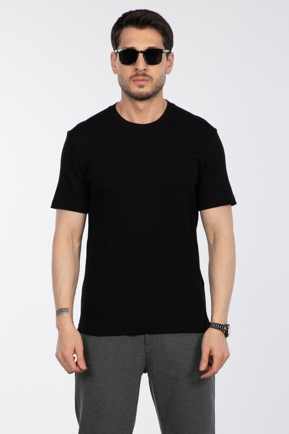 İnce fitilli basıc t-shirt-2936 Siyah