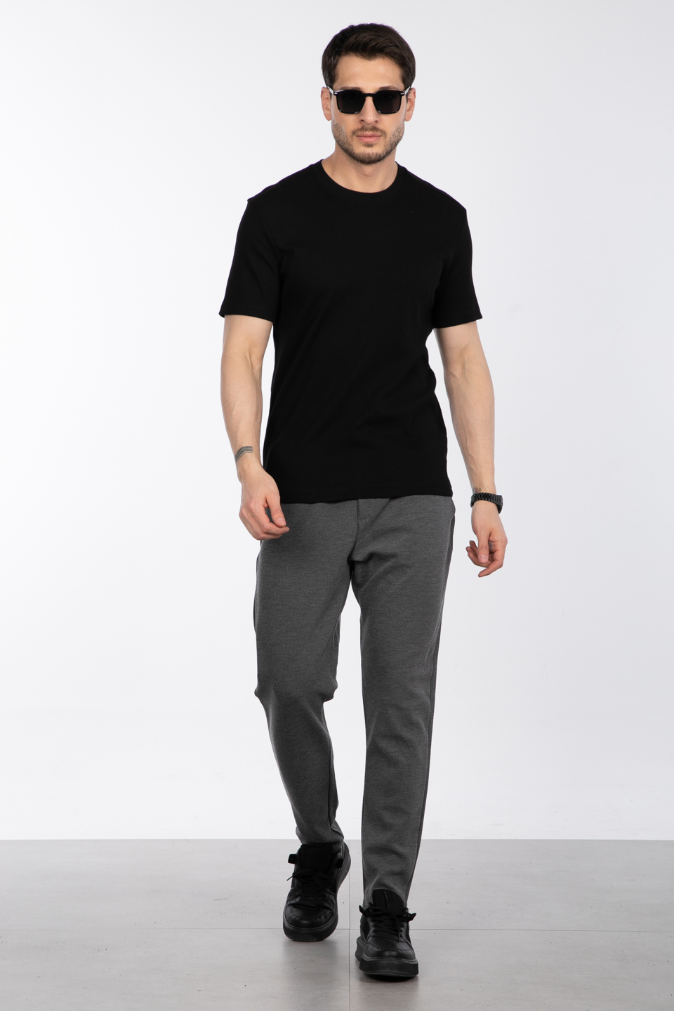 İnce fitilli basıc t-shirt-2936 Siyah