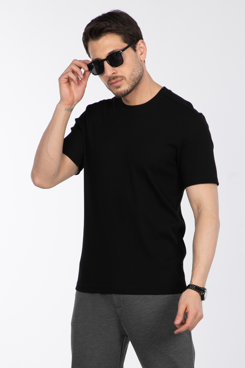 İnce fitilli basıc t-shirt-2936 Siyah