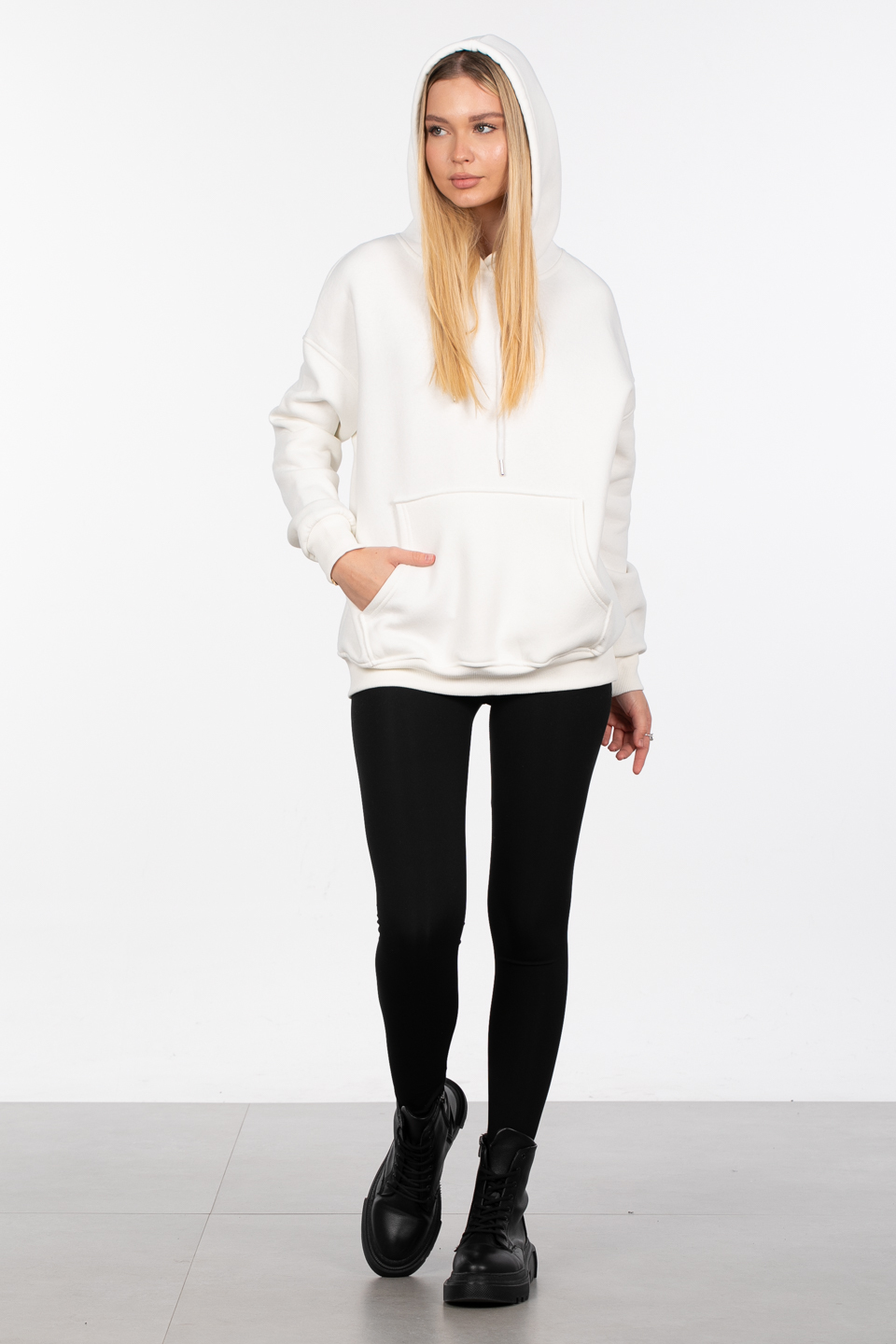 Kapüşonlu Kanguru Cepli Sweatshirt - Ekru