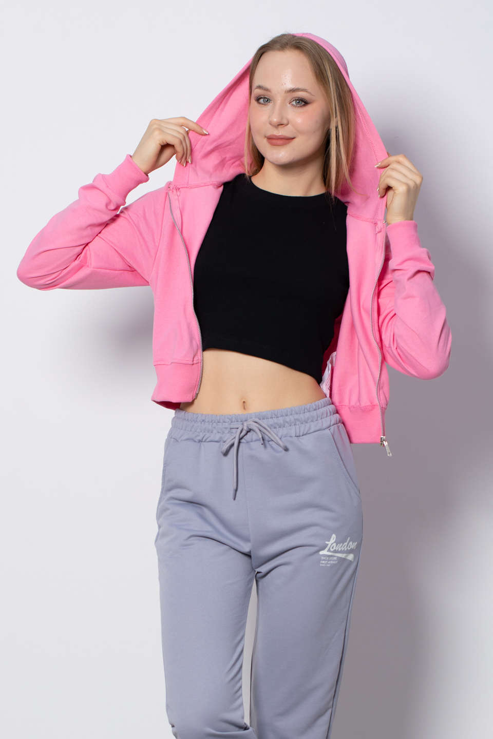 Kapüşonlu Kısa Sweatshirt - Pembe