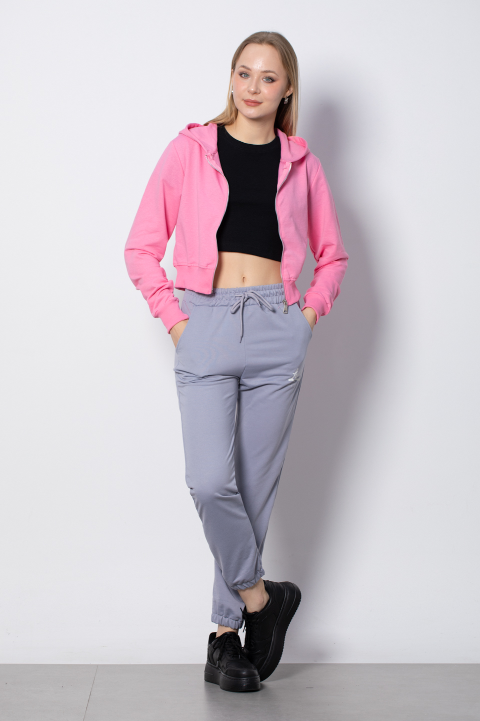 Kapüşonlu Kısa Sweatshirt - Pembe