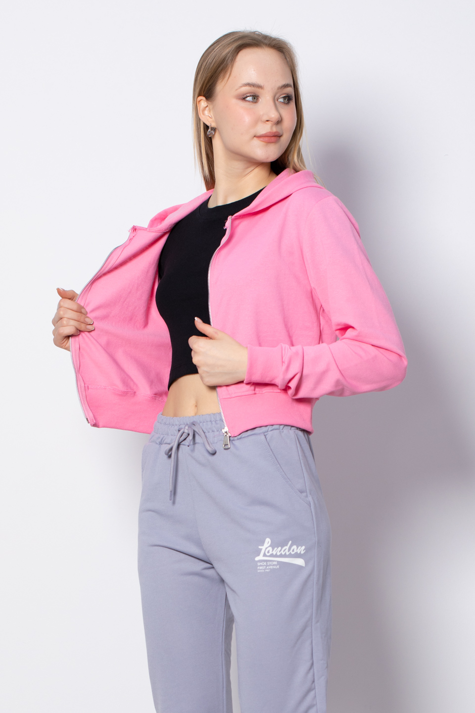 Kapüşonlu Kısa Sweatshirt - Pembe